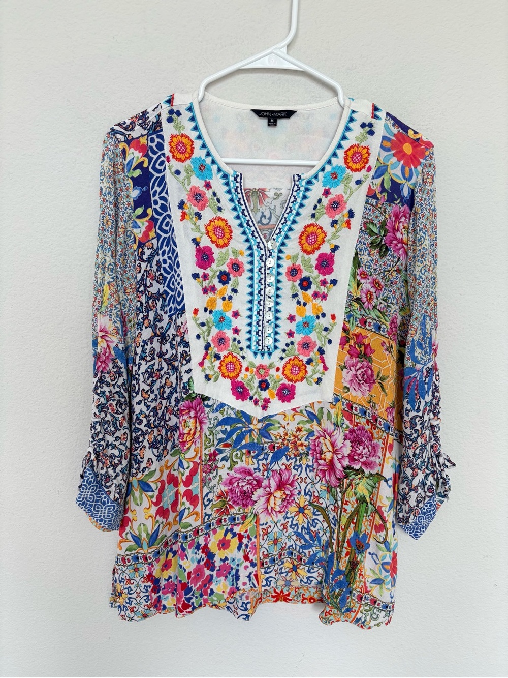 John Mark Colorful Floral Patchwork Embroidered Tunic Blouse Medium Tie Sleeve